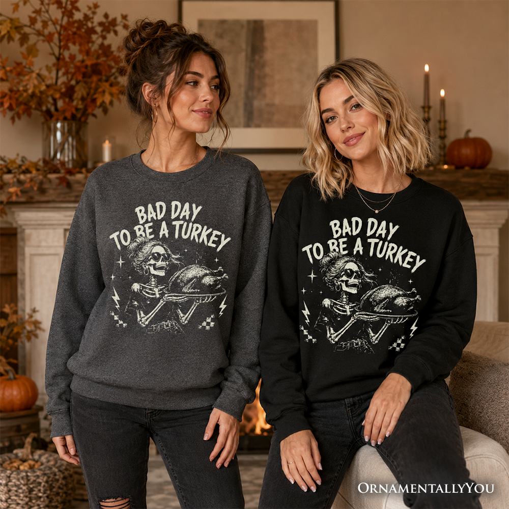 Black Funny Thanksgiving Skeleton Sweatshirt by OrnamentallyYou featuring a vintage turkey design and humorous holiday theme.