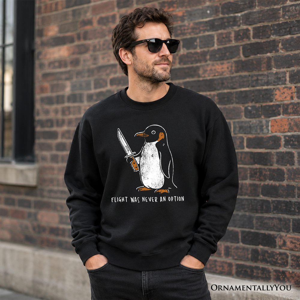 Black Penguin Sweatshirt by OrnamentallyYou featuring humorous dark humor knife graphic on cozy sweatshirt.