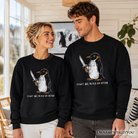 Black Penguin Sweatshirt by OrnamentallyYou with dark humor knife graphic, featuring humorous text "Flight Was Never an Option."
