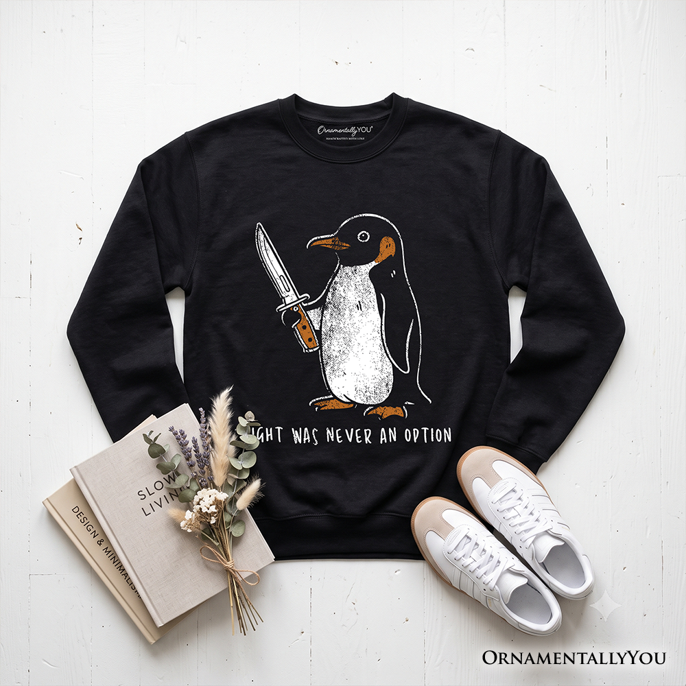 Black Penguin Sweatshirt from OrnamentallyYou with humorous dark humor knife graphic, casual and cozy sweatshirt for fans of funny dark humor.