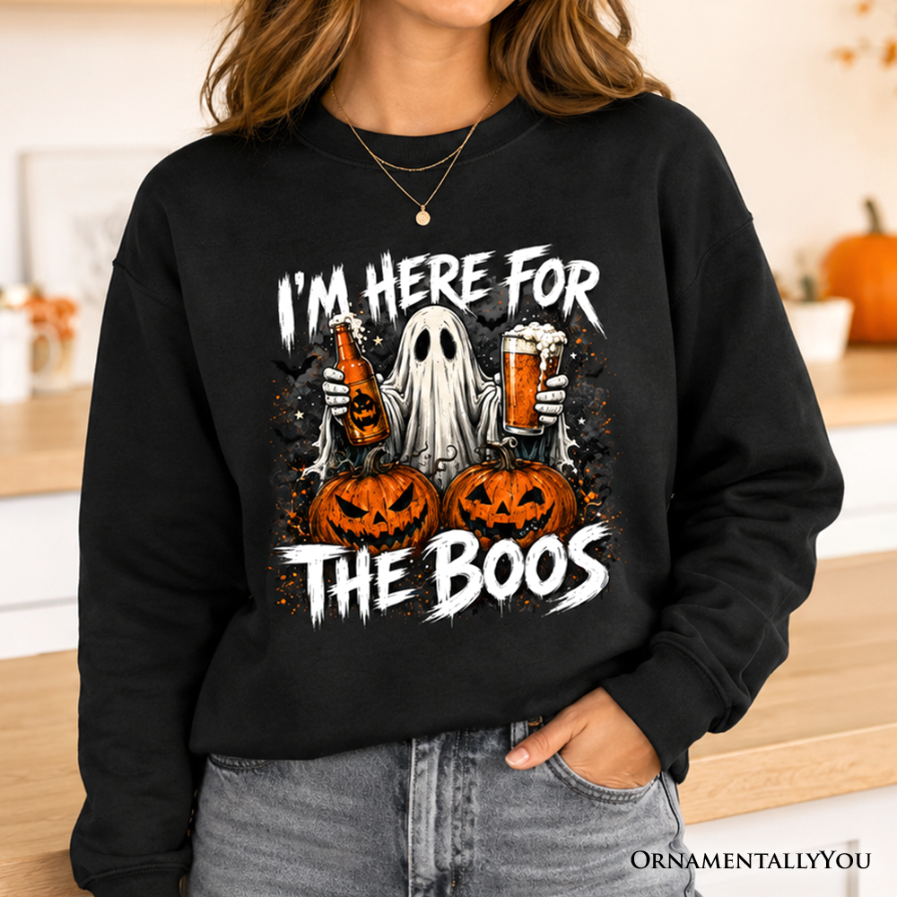 Black Halloween sweatshirt by OrnamentallyYou featuring humorous ghost and pumpkin design, perfect for festive costumes.
