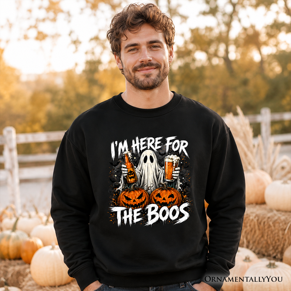 Black Halloween sweatshirt by OrnamentallyYou featuring a "I'm Here for the Boos" ghost, beer, and pumpkin design.