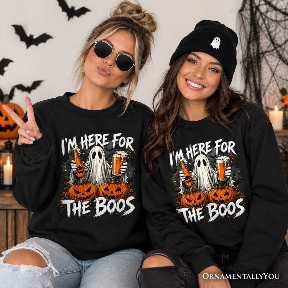 Black sweatshirt from OrnamentallyYou featuring a humorous ghost and pumpkin Halloween design, perfect for festive fall style.