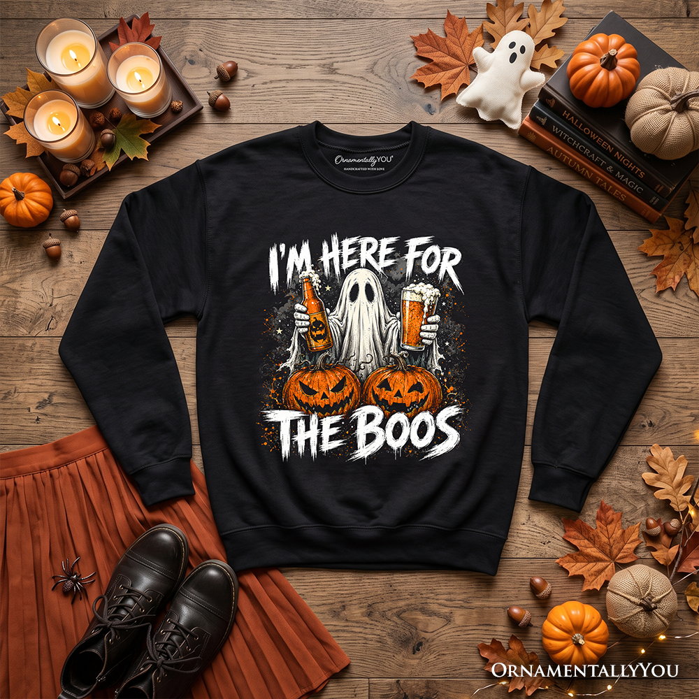 Black Halloween sweatshirt by OrnamentallyYou featuring a fun ghost, beer, and pumpkin design for festive holiday wear.