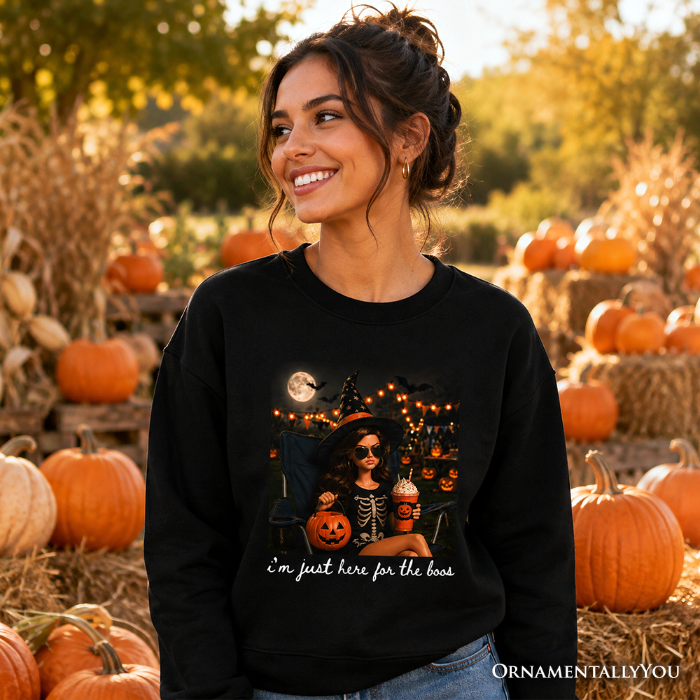 Black Halloween sweatshirt featuring a humorous "I'm Just Here for the Boos" witch design by OrnamentallyYou.