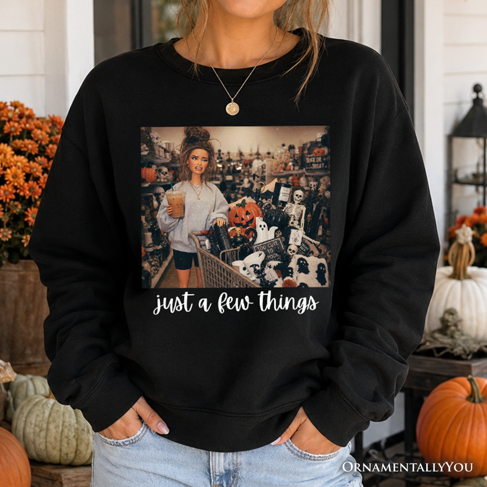 Black Halloween shopping sweatshirt by OrnamentallyYou featuring funny spooky season decor lover graphic, casual and festive.