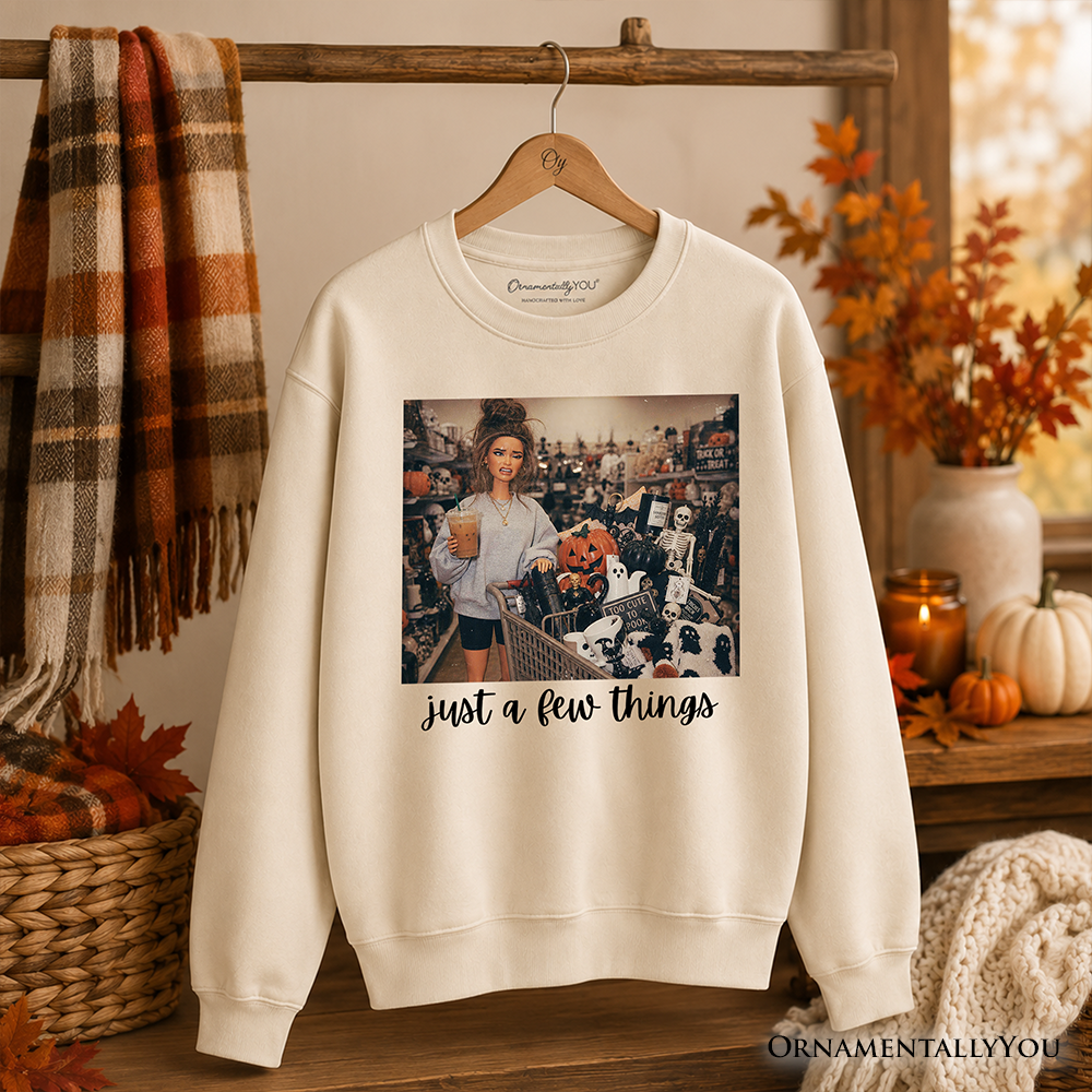 Black Halloween shopping sweatshirt by OrnamentallyYou featuring a funny spooky season decor design, perfect for holiday festivities.