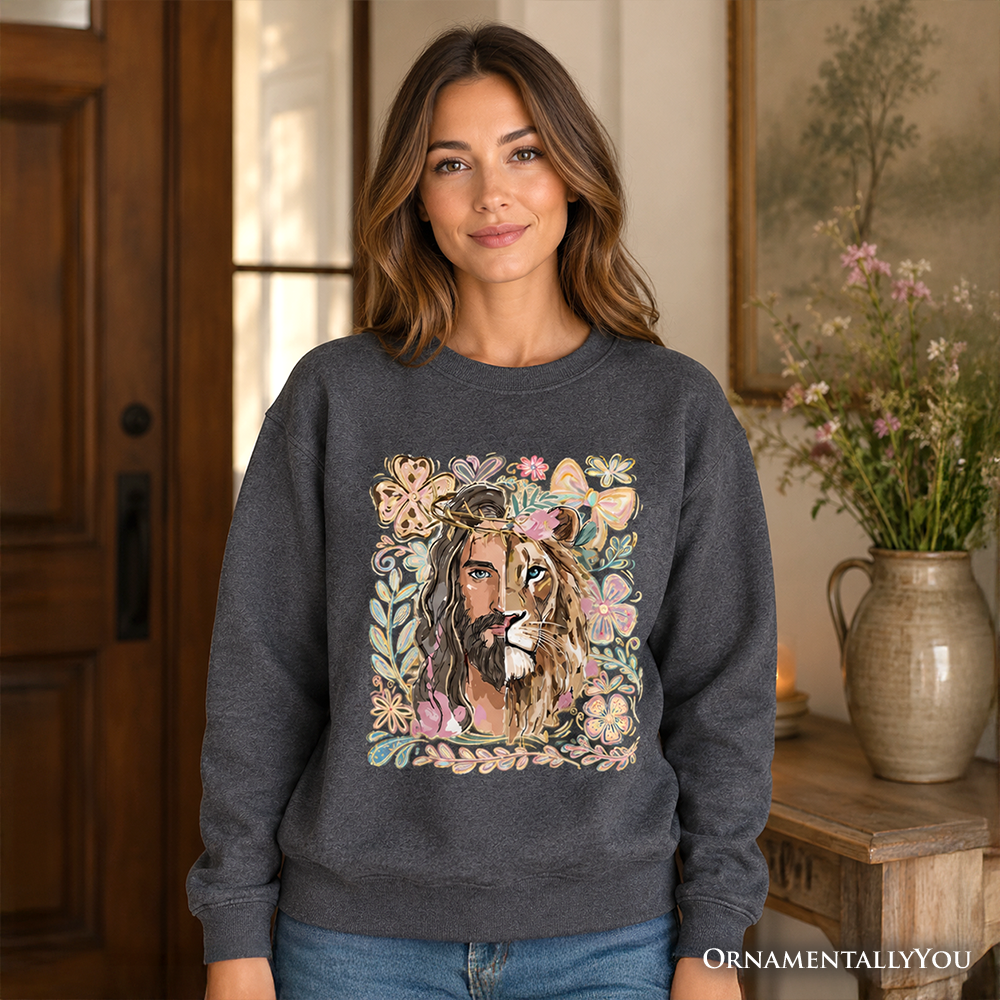 Black Lion of Judah Christian sweatshirt with floral Jesus design, featuring religious faith imagery on a cozy sweater.