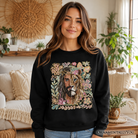 Black Lion of Judah Christian sweatshirt with floral Jesus design, featuring religious faith motif, by OrnamentallyYou.