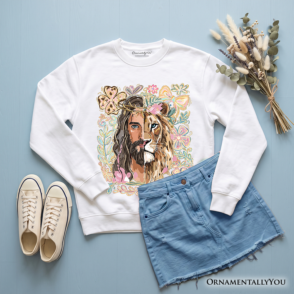 Black Lion of Judah Christian sweatshirt by OrnamentallyYou featuring floral Jesus religious faith design on the front.