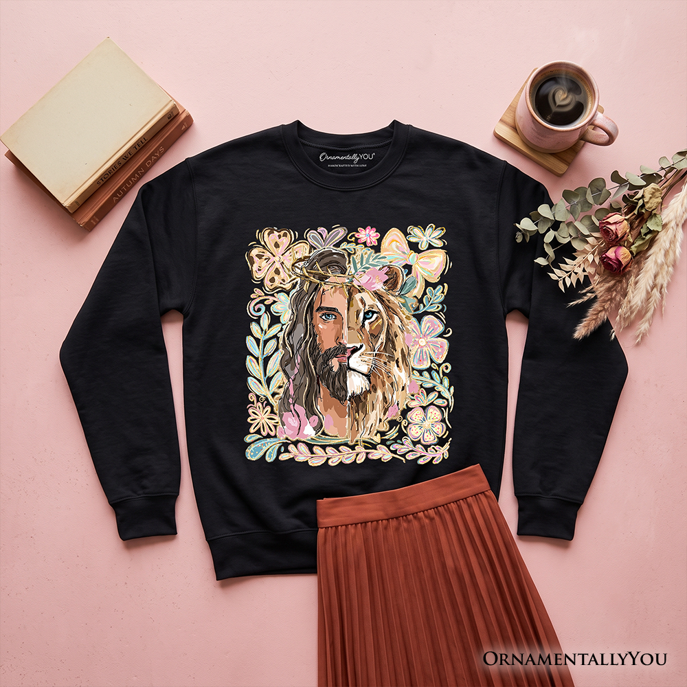 Black Lion of Judah Christian sweatshirt featuring floral Jesus and religious faith design by OrnamentallyYou.