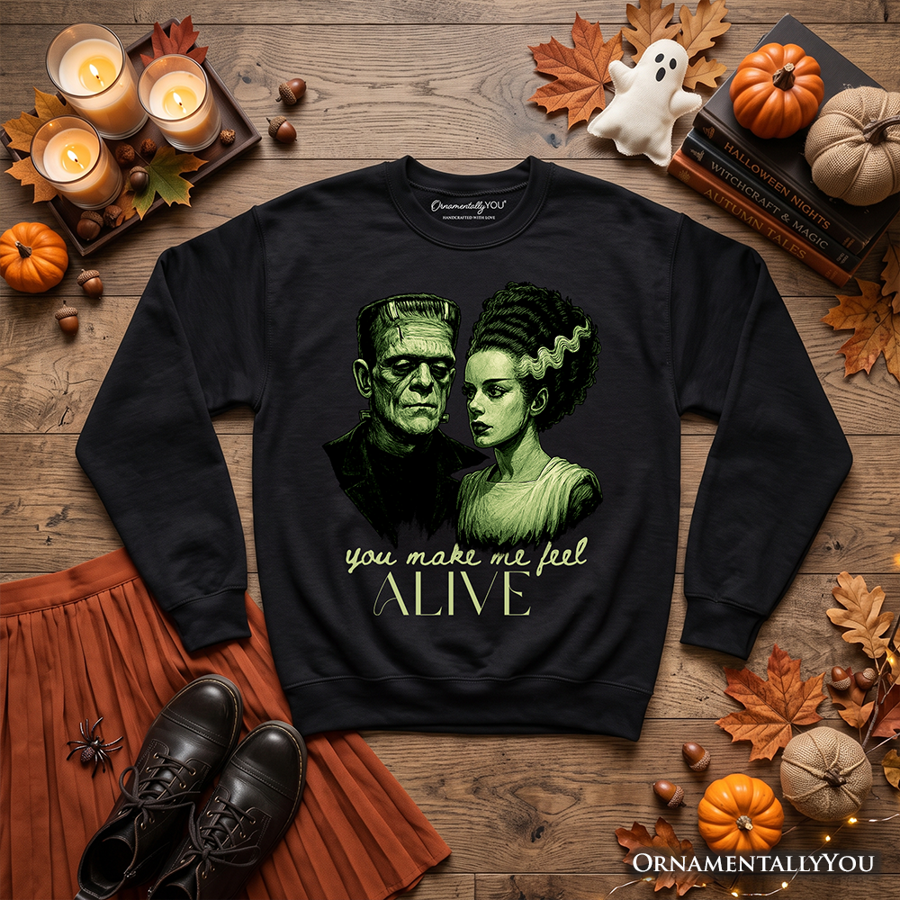 Black Frankenstein and Bride Valentine sweatshirt by OrnamentallyYou, featuring retro horror couple design on a cozy sweatshirt.