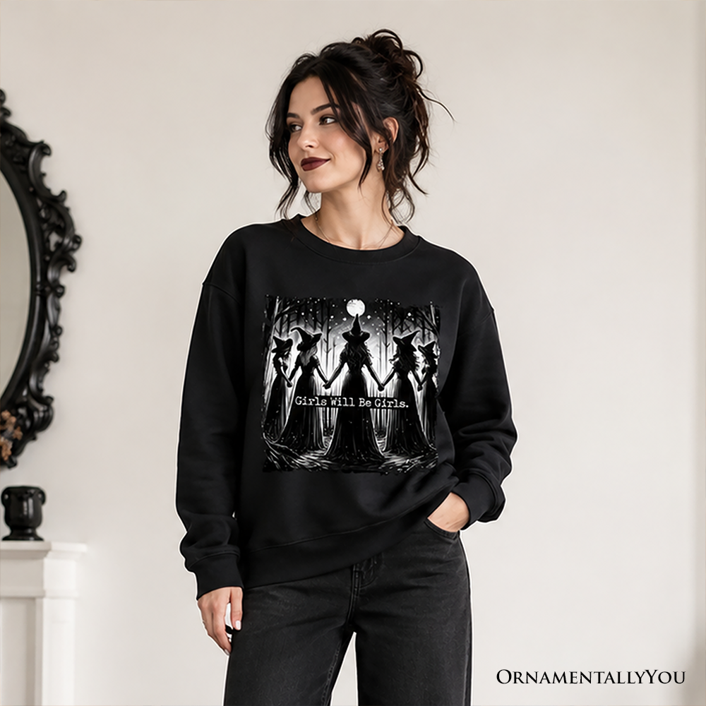 Black Girls Will Be Girls sweatshirt by OrnamentallyYou, spooky witch coven design, cozy sweater for empowered women, XS size.