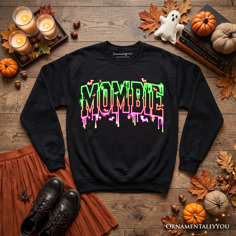 Black Mombie Halloween sweatshirt by OrnamentallyYou featuring spooky mummy design, perfect for funny mom costumes.