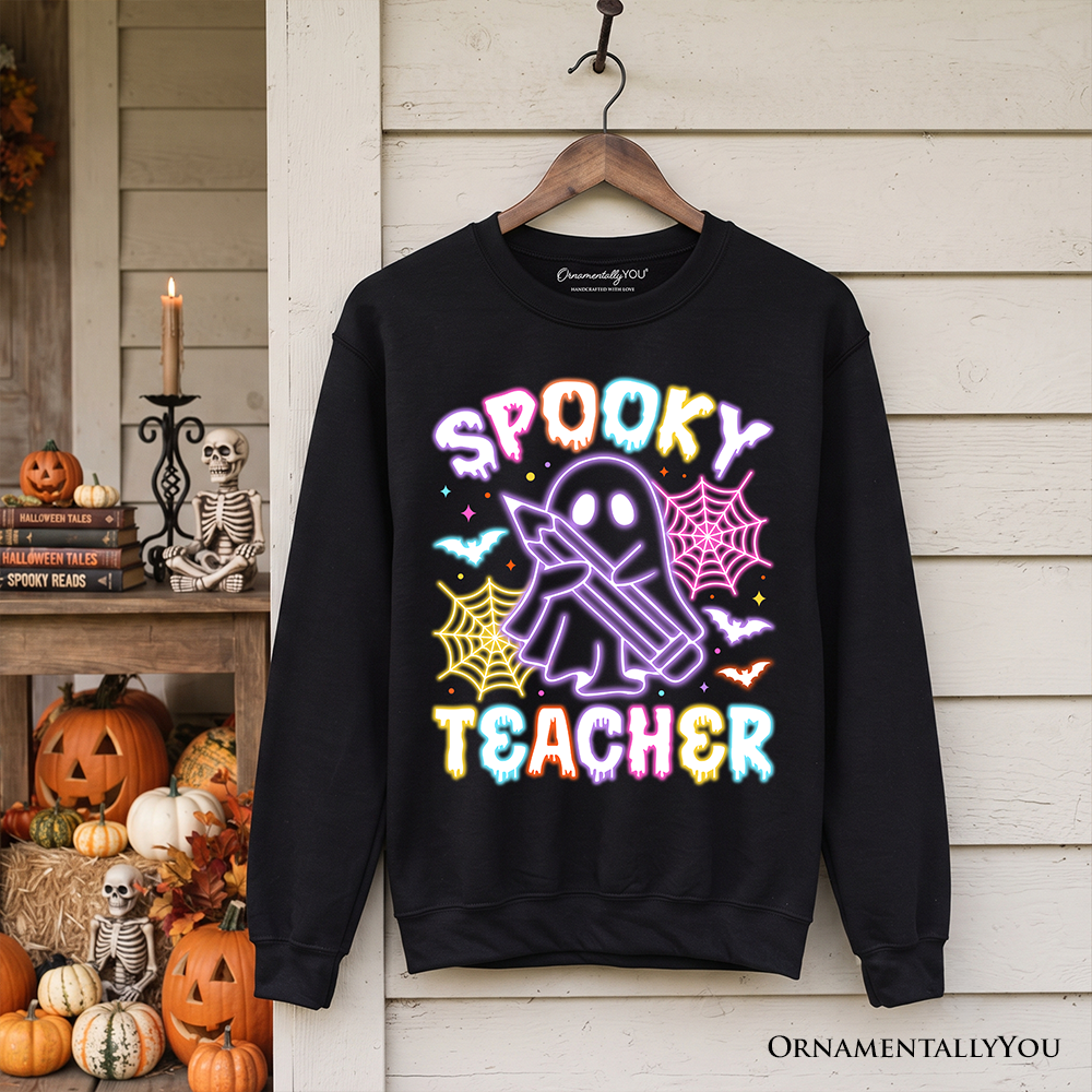 Black Spooky Teacher neon ghost sweatshirt by OrnamentallyYou featuring retro Halloween design for educators.