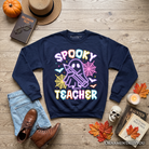 Black Spooky Teacher Neon Ghost Sweatshirt by OrnamentallyYou, retro Halloween sweater featuring ghost design for educators.