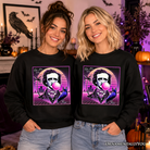 Black Synthwave 80s Edgar Allan Poe horror sweatshirt featuring neon Vaperwave retro Halloween design, from OrnamentallyYou.