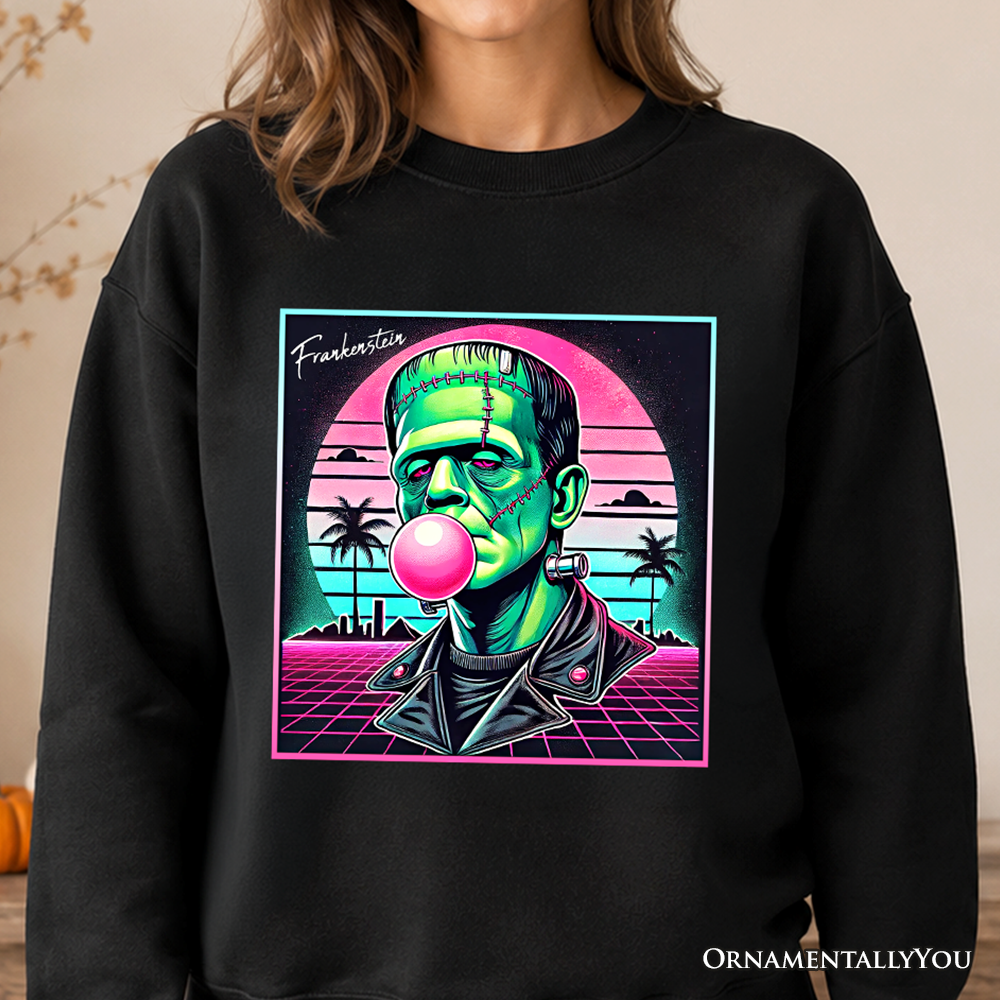 Black Vaperwave Frankenstein sweatshirt by OrnamentallyYou featuring neon horror design, retro synthwave 80s style Halloween sweater.