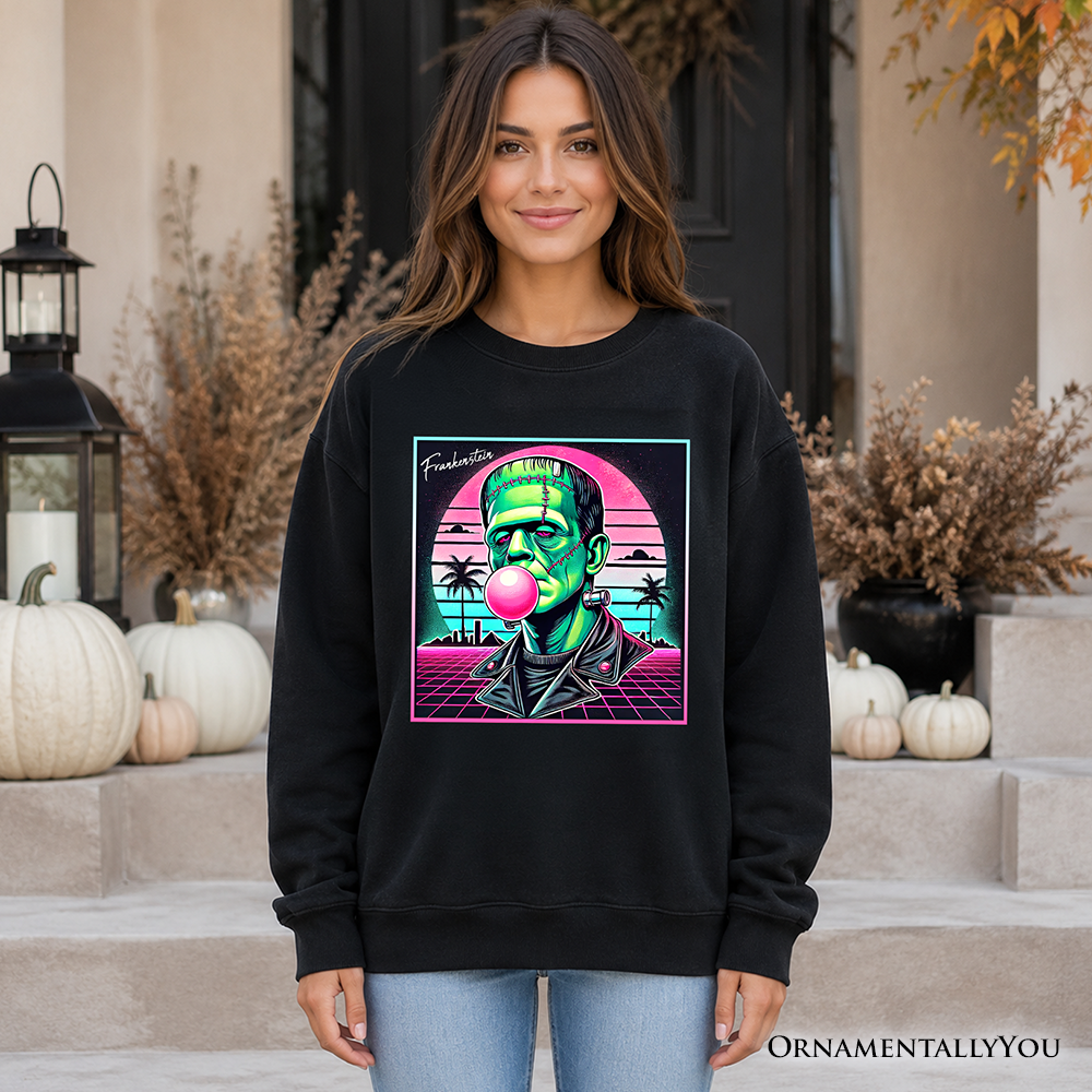 Black Vaperwave Frankenstein retro neon horror sweatshirt by OrnamentallyYou featuring synthwave 80s style for Halloween.