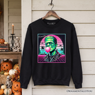 Black Vaperwave Frankenstein neon horror sweatshirt by OrnamentallyYou, featuring retro 80s synthwave Halloween design.