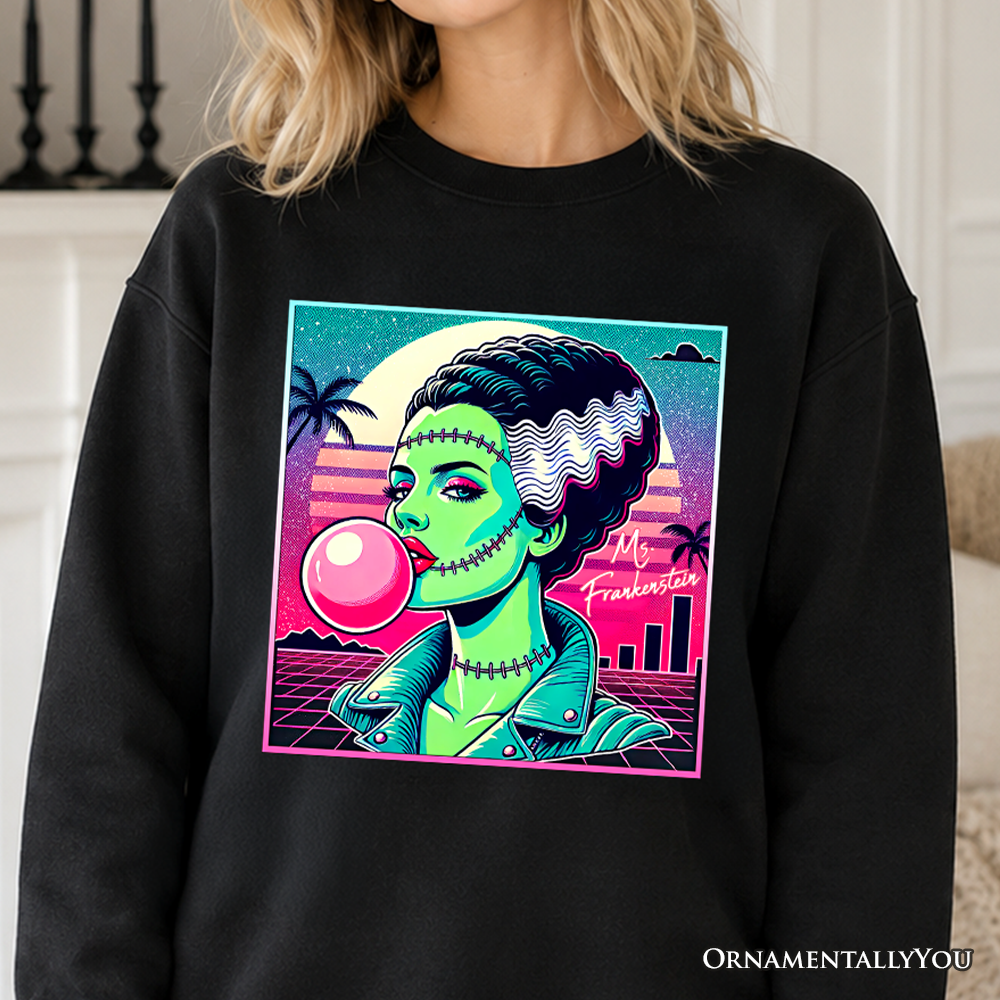 Black Vaperwave Mrs Frankenstein neon horror sweatshirt by OrnamentallyYou, featuring 80s synthwave style and Halloween-inspired design.
