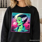 Black Vaperwave Mrs Frankenstein neon horror sweatshirt by OrnamentallyYou, featuring 80s synthwave style and Halloween-inspired design.