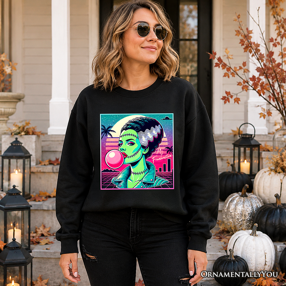 Black Vaperwave Mrs Frankenstein retro neon horror sweatshirt by OrnamentallyYou, 80s synthwave style Halloween sweater with neon graphics.