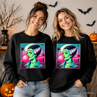 Black Vaperwave Mrs Frankenstein hoodie featuring neon horror and synthwave 80s style, with retro Halloween design.