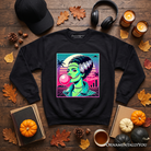 Black Vaperwave Mrs Frankenstein retro neon horror sweatshirt with synthwave 80s style Halloween design, from OrnamentallyYou.