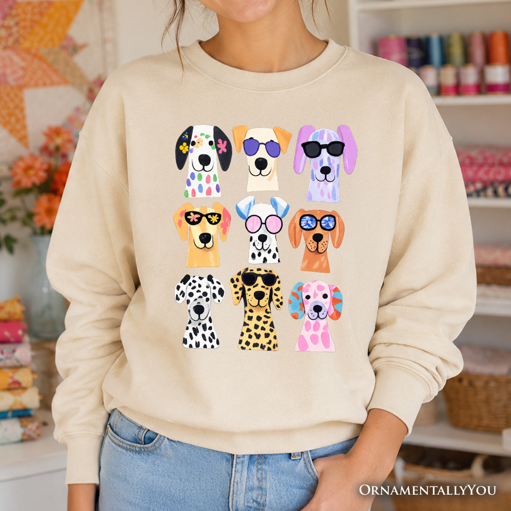 Colorful dogs sweatshirt by OrnamentallyYou featuring vibrant dog breed illustrations on a summer sweater in Carolina blue.