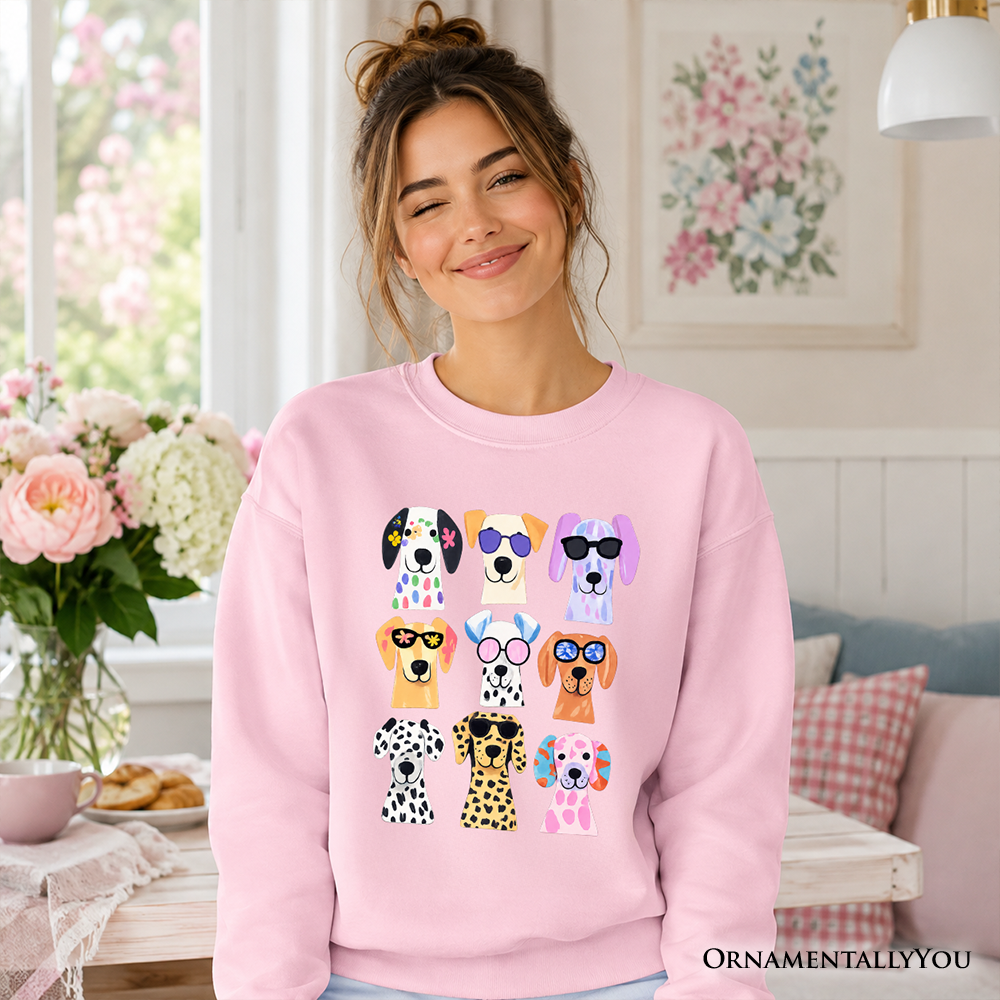 Colorful dogs sweatshirt by OrnamentallyYou featuring vibrant breed illustrations on a blue summer sweater.