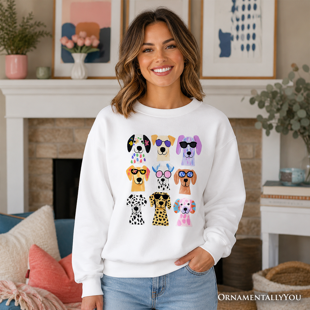 Colorful dogs sweatshirt by OrnamentallyYou featuring vibrant dog breed illustrations on a Carolina blue background.