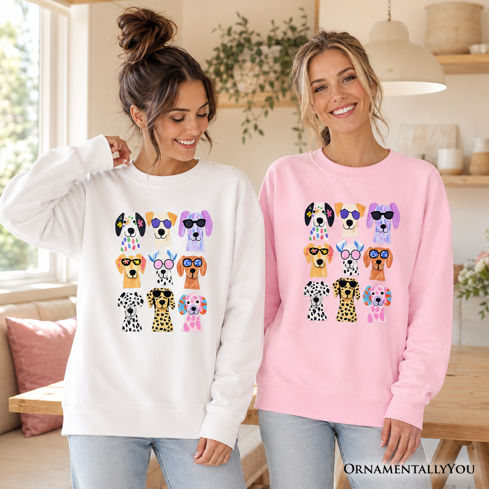 Colorful Dogs sweatshirt by OrnamentallyYou featuring vibrant dog breed illustrations on a summer sweater in Carolina blue.