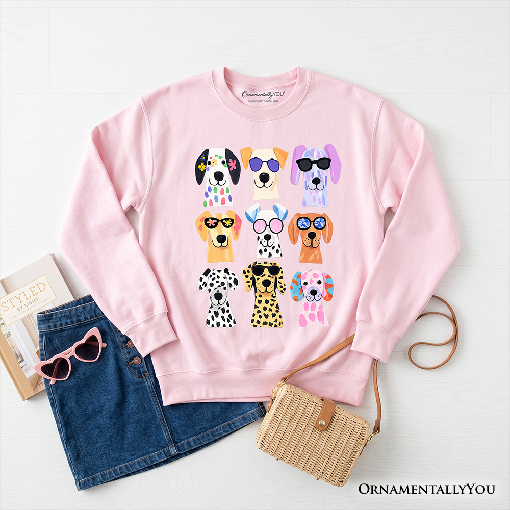 Colorful dogs sweatshirt by OrnamentallyYou featuring vibrant dog breed illustrations on a Carolina blue background.