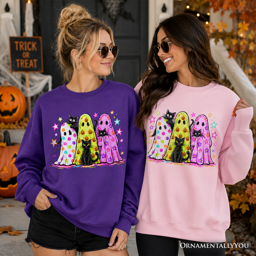 Colorful ghosts and black cats Halloween sweatshirt by OrnamentallyYou, featuring neon spooky season design on a Carolina blue background.
