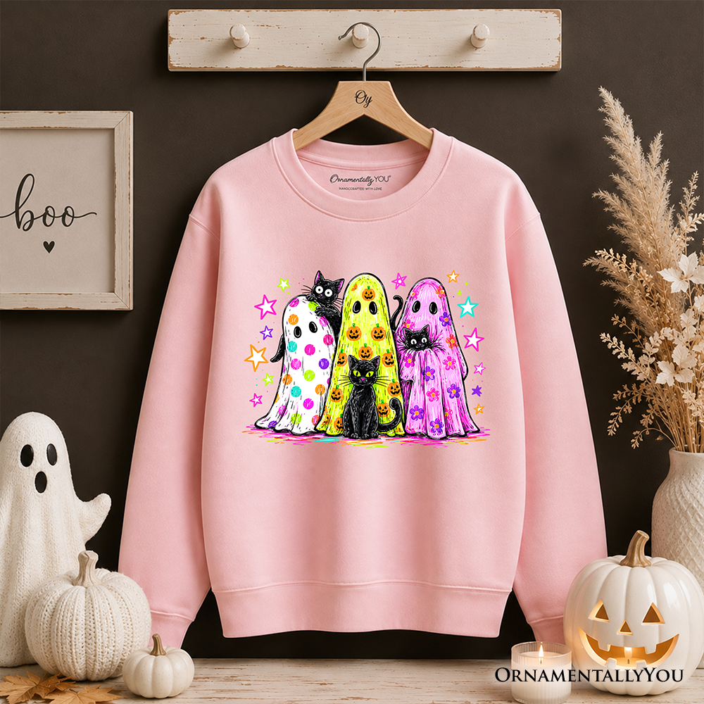 Colorful ghosts and black cats Halloween sweatshirt by OrnamentallyYou in Carolina blue, perfect for spooky season.