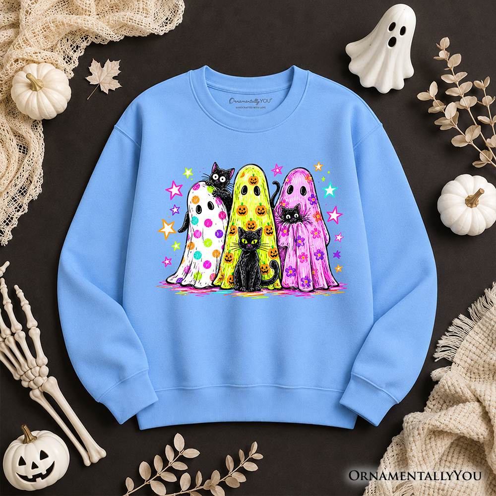 Colorful ghosts and black cats Halloween sweatshirt by OrnamentallyYou, featuring neon spooky season design on a Carolina blue background.