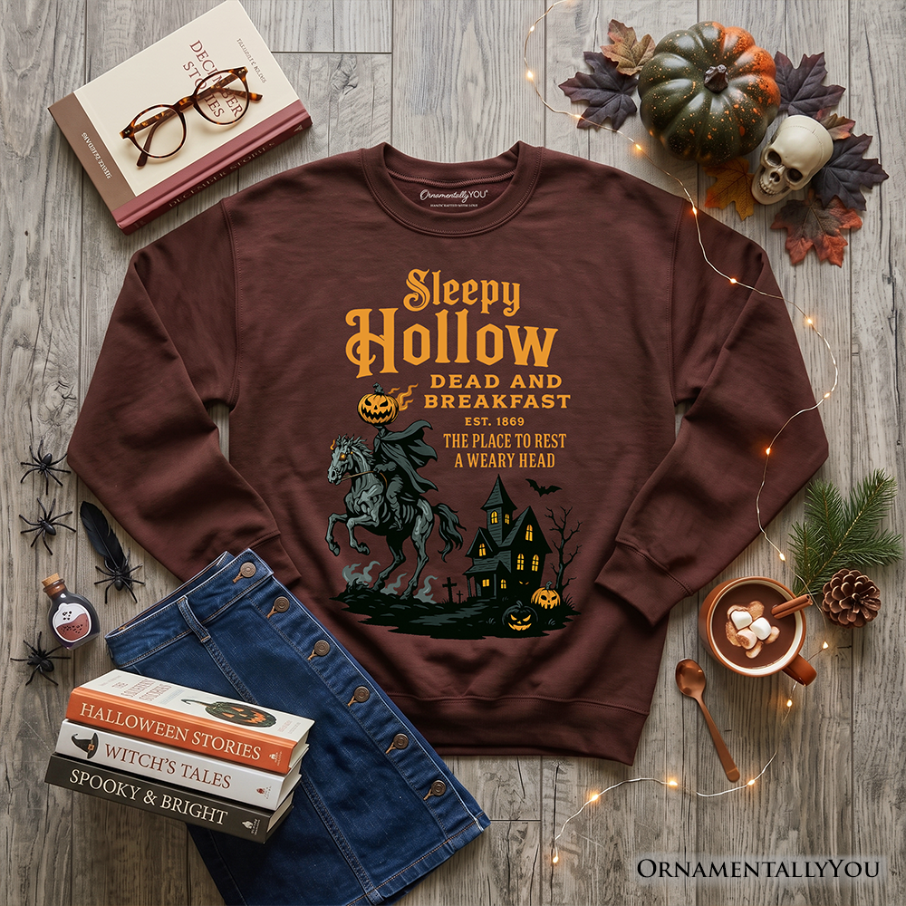 Dark chocolate vintage sweatshirt featuring the Headless Horseman from Sleepy Hollow, with spooky Halloween and Dead and Breakfast design.
