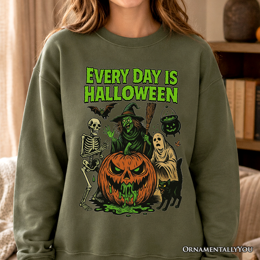 Dark heather sweatshirt featuring vintage pumpkin and witch design, perfect for Halloween lovers, by OrnamentallyYou.