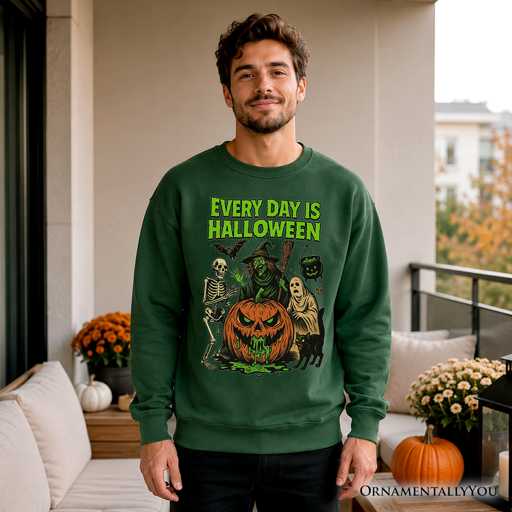Dark heather sweatshirt featuring vintage pumpkin and witch design, perfect for Halloween and spooky season enthusiasts.