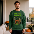 Dark heather sweatshirt featuring vintage pumpkin and witch design, perfect for Halloween and spooky season enthusiasts.