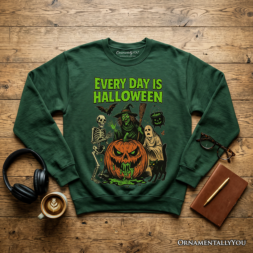 Dark heather sweatshirt featuring vintage pumpkin and witch spooky Halloween design, perfect for spooky season enthusiasts.