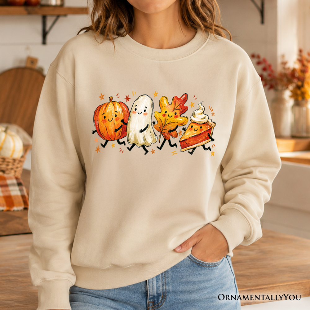 Cute fall characters sweatshirt by OrnamentallyYou featuring pumpkin, ghost, leaf, and pie designs on a cozy autumn sweater.