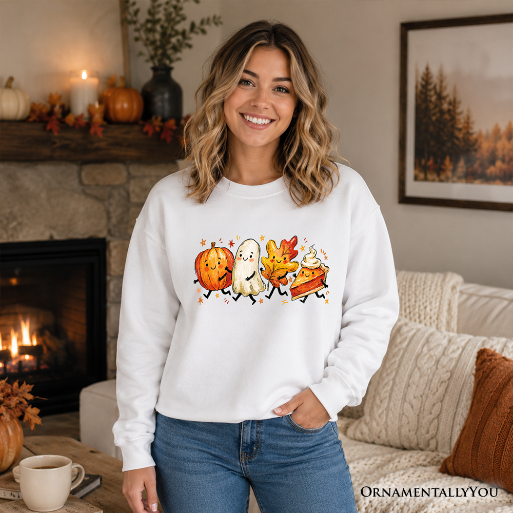 Cute fall characters sweatshirt by OrnamentallyYou featuring pumpkin, ghost, leaf, and pie designs on an autumn sweater.