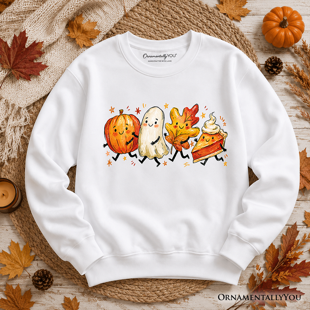 Cute fall characters sweatshirt by OrnamentallyYou featuring pumpkins, ghosts, leaves, and pie for autumn style.