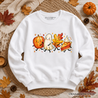 Cute fall characters sweatshirt by OrnamentallyYou featuring pumpkins, ghosts, leaves, and pie for autumn style.