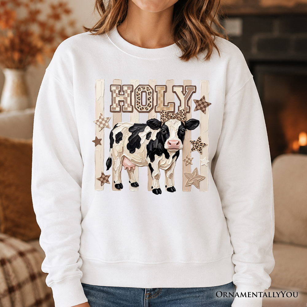 Holy Cow Coquette Sweatshirt by OrnamentallyYou featuring a leopard bow farm animal design on a cozy sweatshirt.