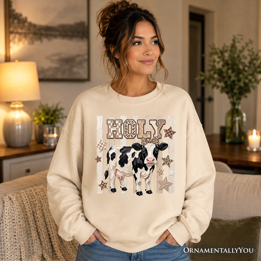 Holy Cow Coquette sweatshirt by OrnamentallyYou featuring a leopard bow and farm animal design on a cozy sweatshirt.