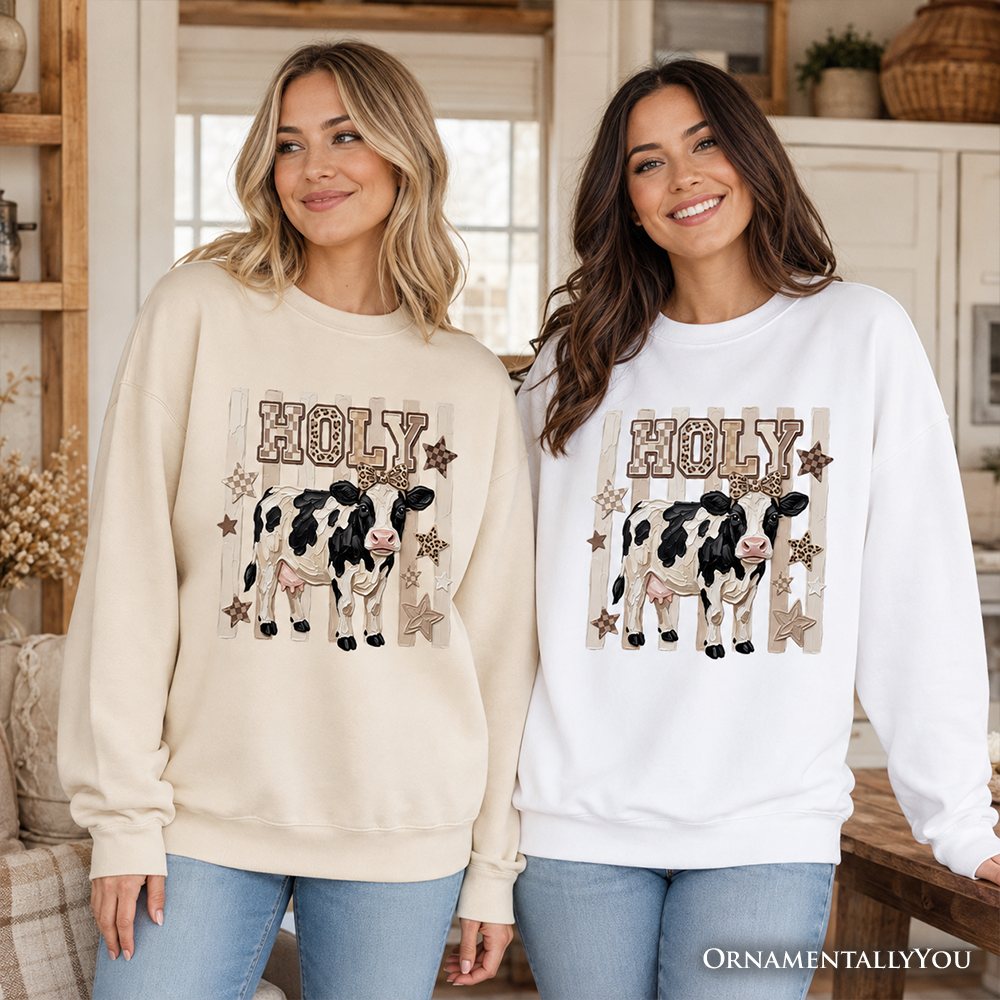 Holy Cow Coquette sweatshirt by OrnamentallyYou featuring a leopard bow design on a cozy farm animal sweater.