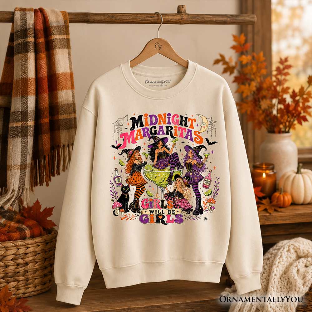 Colorful Midnight Margaritas Retro Halloween sweatshirt by OrnamentallyYou featuring witch and cocktail graphic for girls' night style.